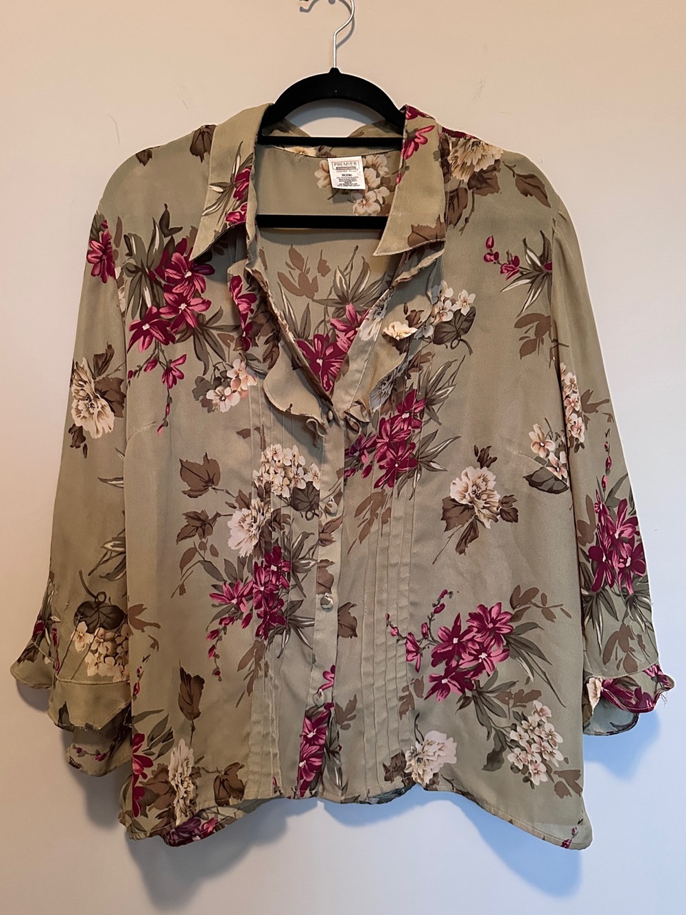 Preview International Olive Green Button-Front Floral Shirt with Pink Accents